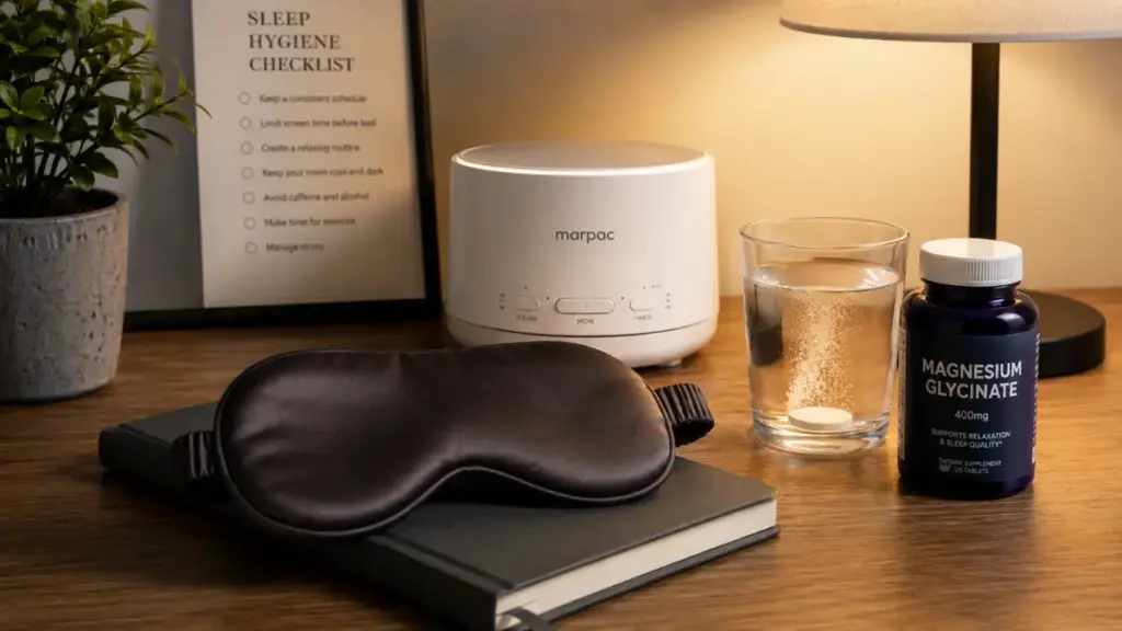 Essential sleep hygiene tools for managing insomnia after chemotherapy at home.