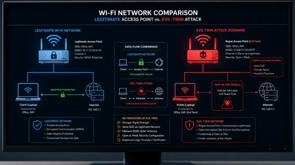 Evil Twin attack architecture illustrating why mobile hotspots provide superior protection