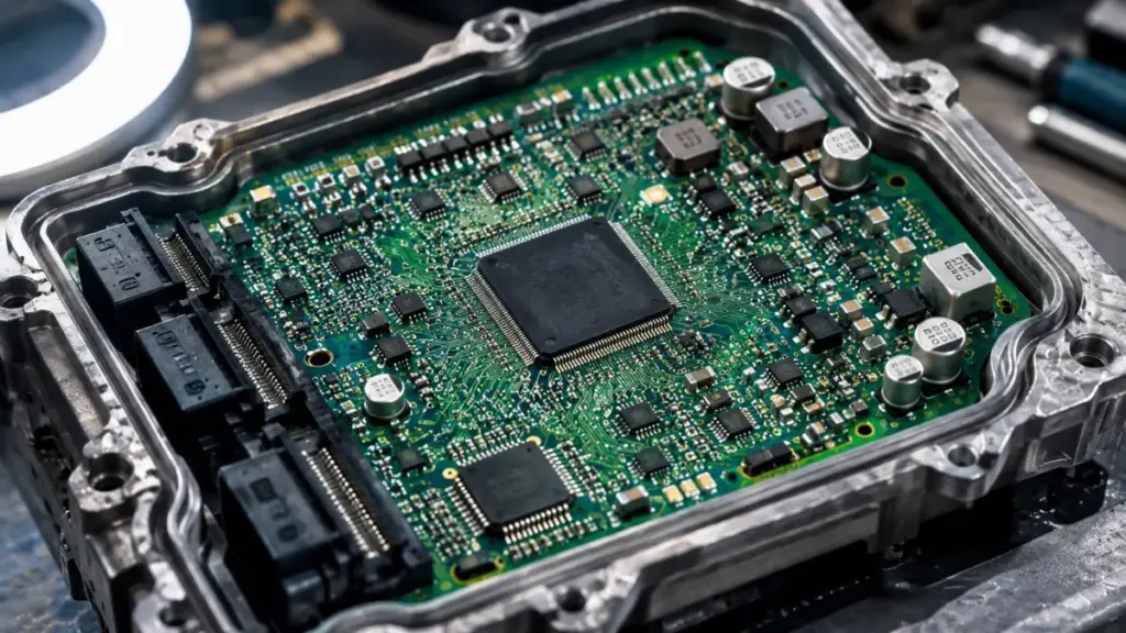 Extreme macro photograph of an electronic control unit (ECU) circuit board from modern discontinued cars.