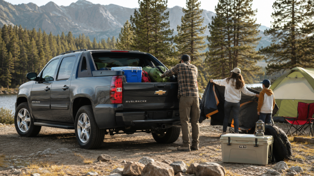 Family lifestyle scene with a Chevrolet Avalanche Car at a campsite.
