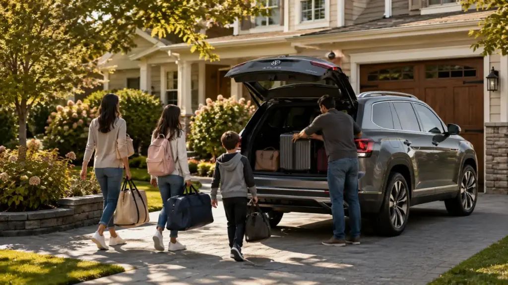 Family placing travel bags into the back of a Volkswagen Atlas in a driveway