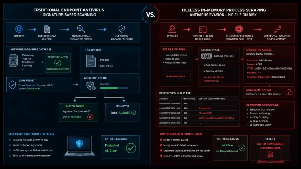 Fileless malware bypassing traditional antivirus to attack a password manager.