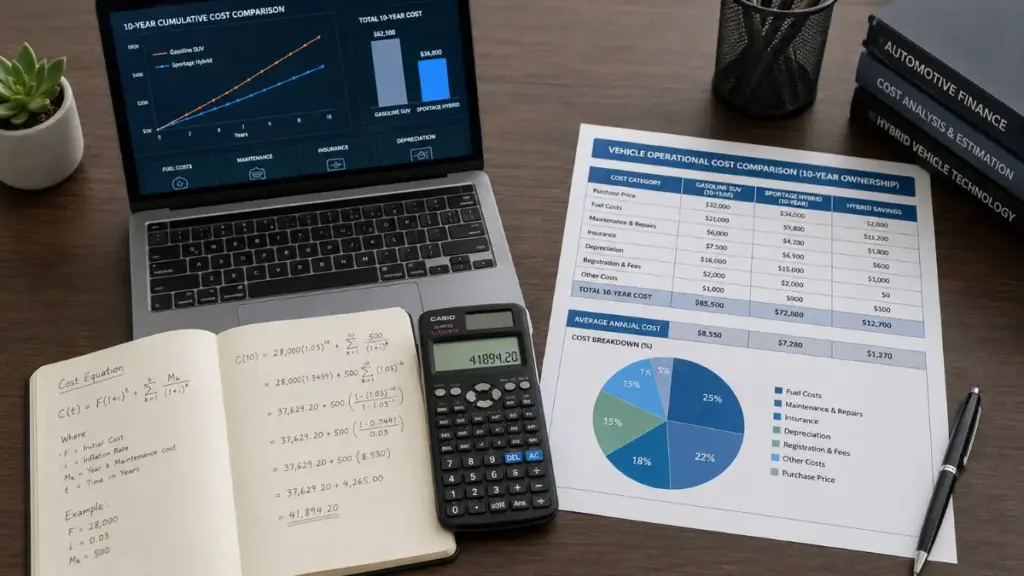 Financial calculator and mathematical formulas assessing Kia Sportage hybrid fuel savings breakeven