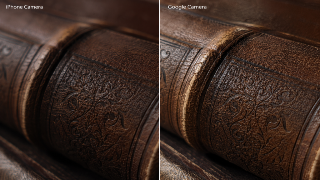 Fine texture detail close up comparing Google Camera vs iPhone Camera sharpening artifacts