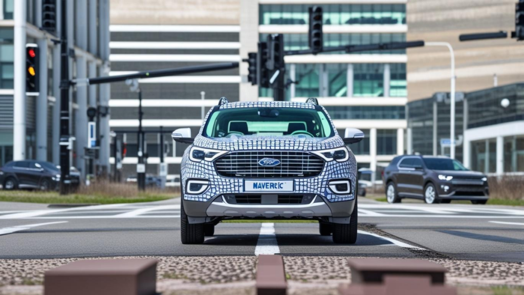 Ford Maverick Hybrid driving in city traffic with a fuel efficiency graphic.