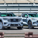 Ford Maverick parked next to a futuristic Ford 2027 electric truck concept