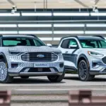 Ford Maverick parked next to a futuristic Ford 2027 electric truck concept