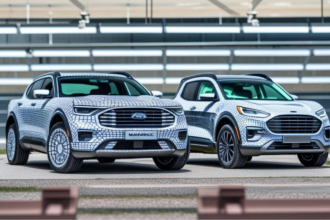 Ford Maverick parked next to a futuristic Ford 2027 electric truck concept