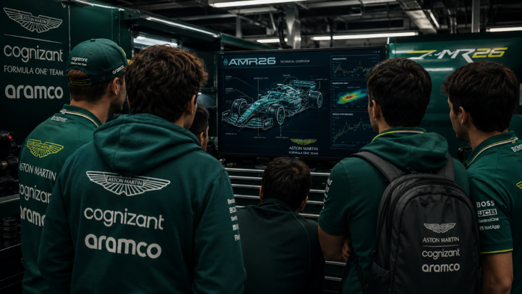 Formula 1 enthusiasts analyzing the details of the LEGO Technic Aston Martin AMR26.