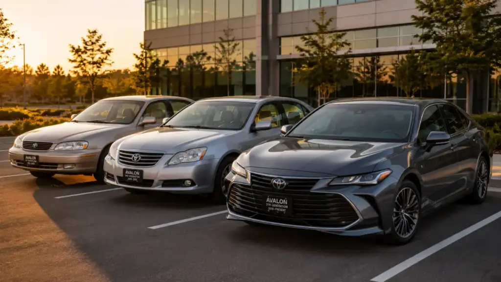 Generational fleet lineup showcasing various model years of the Toyota Avalon.