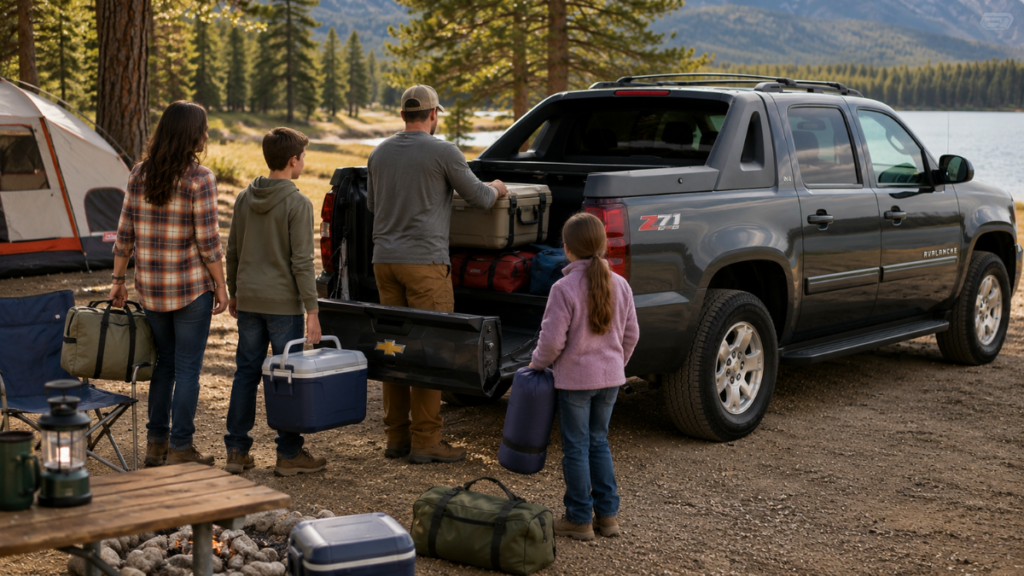 Happy family using their Chevrolet Avalanche Car for camping.