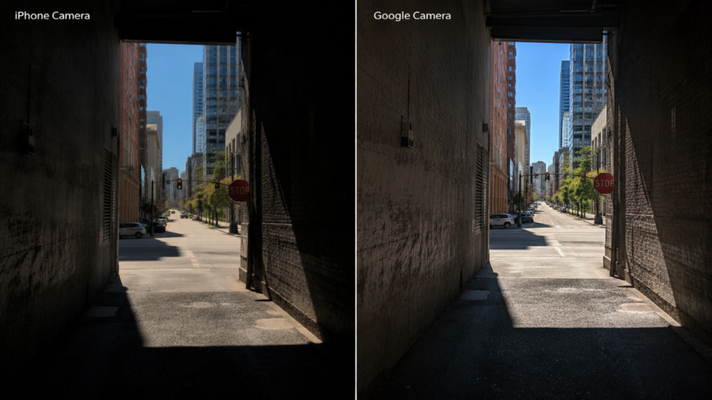 High contrast alleyway illustrating advanced Google Camera vs iPhone Camera dynamic range processing