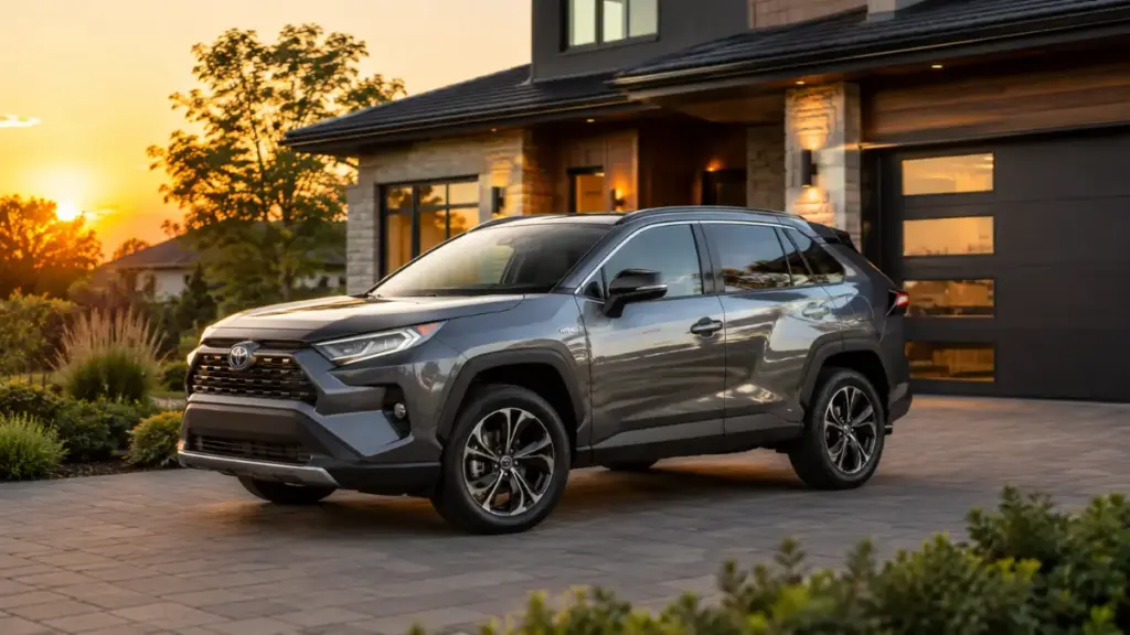 Hybrid vehicle parked outside modern suburban home highlighting Kia Sportage hybrid fuel savings