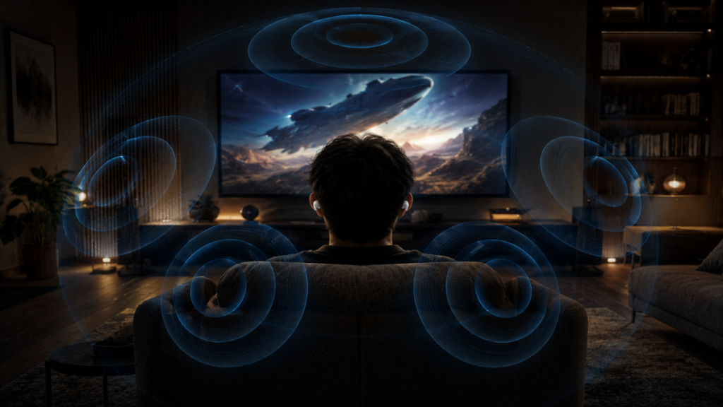 Immersive surround sound simulation illustrating Personalized Spatial Audio mapping AirPods Pro 3
