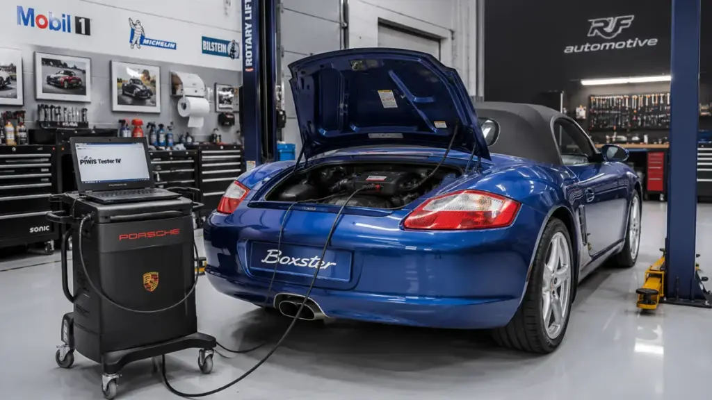  Independent repair shop inspecting a Porsche Boxster using specialized diagnostic computers.