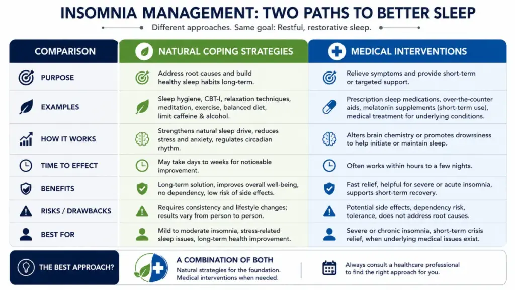 Infographic comparing strategies to resolve insomnia after chemotherapy.