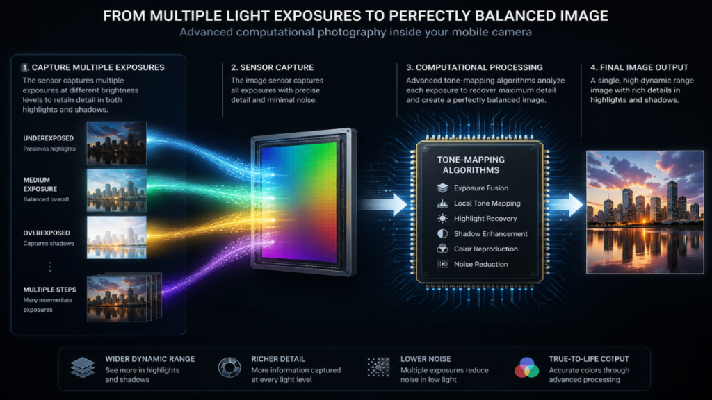 Infographic showing technical multi-frame mechanics for iPhone Camera vs Adobe Project Indigo processing