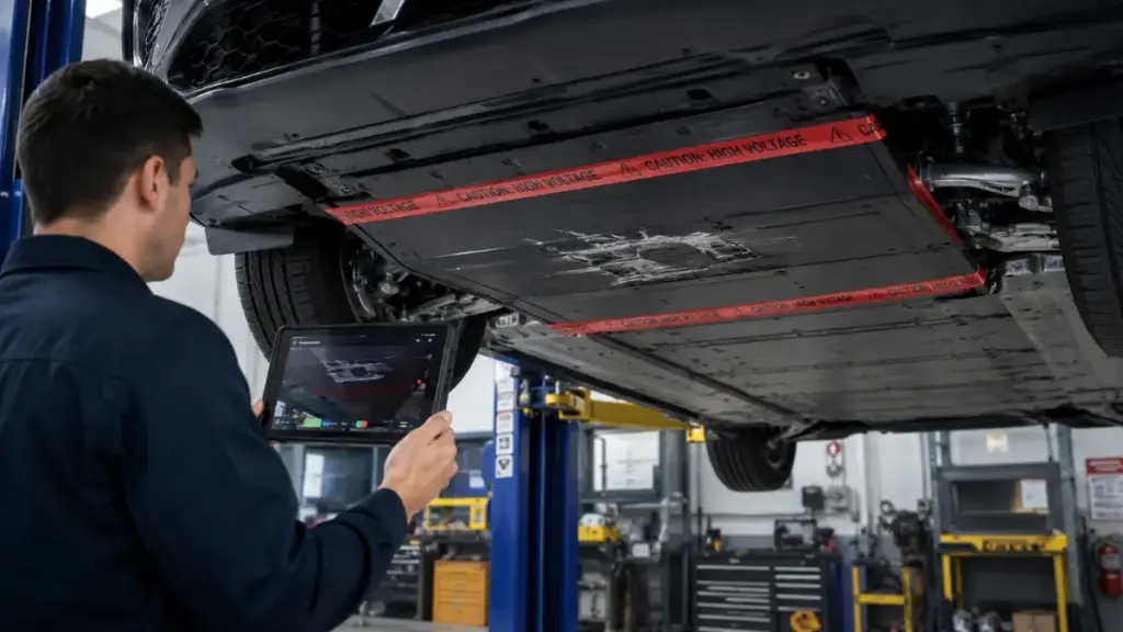 Insurance adjuster documenting damage to an EV battery casing in a professional repair bay.
