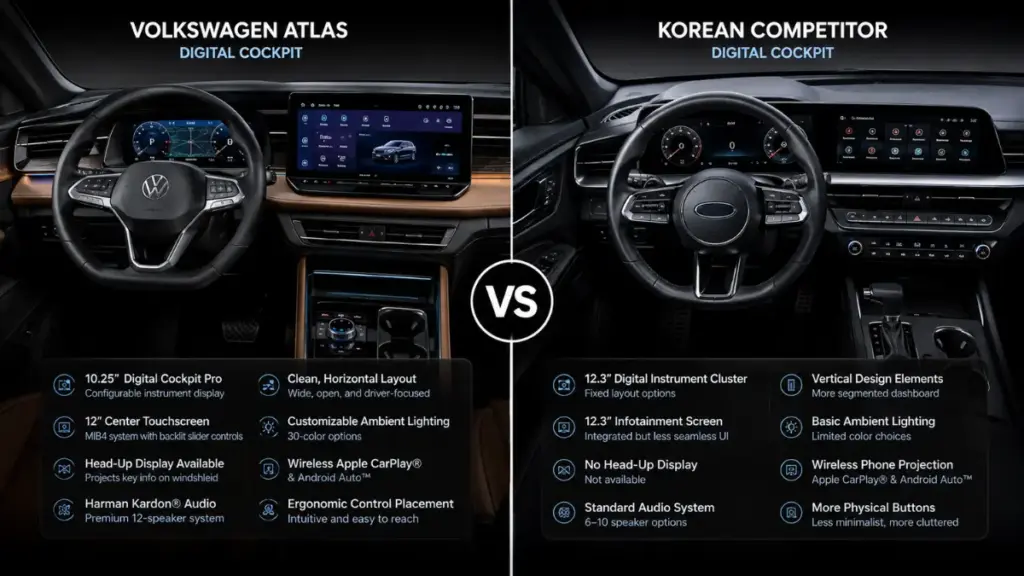 Interior dashboard layout comparison between Volkswagen Atlas and midsize rivals