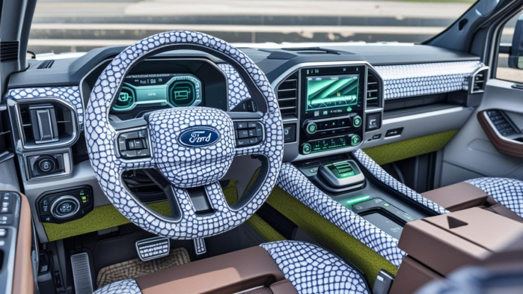 Interior features of a future Ford EV pickup truck, styled for Ford Maverick utility.