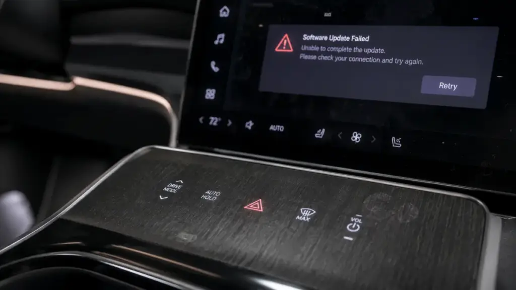 Interior macro view of capacitive haptic touch dashboard controls inside complex discontinued cars.