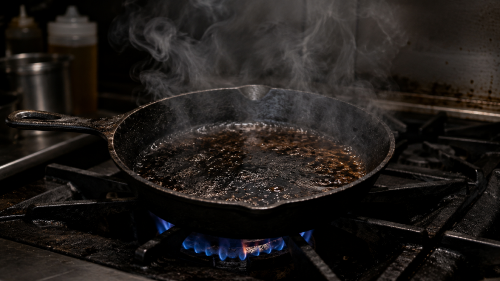 Kitchen pan showing smoke point danger during high-temperature cooking.