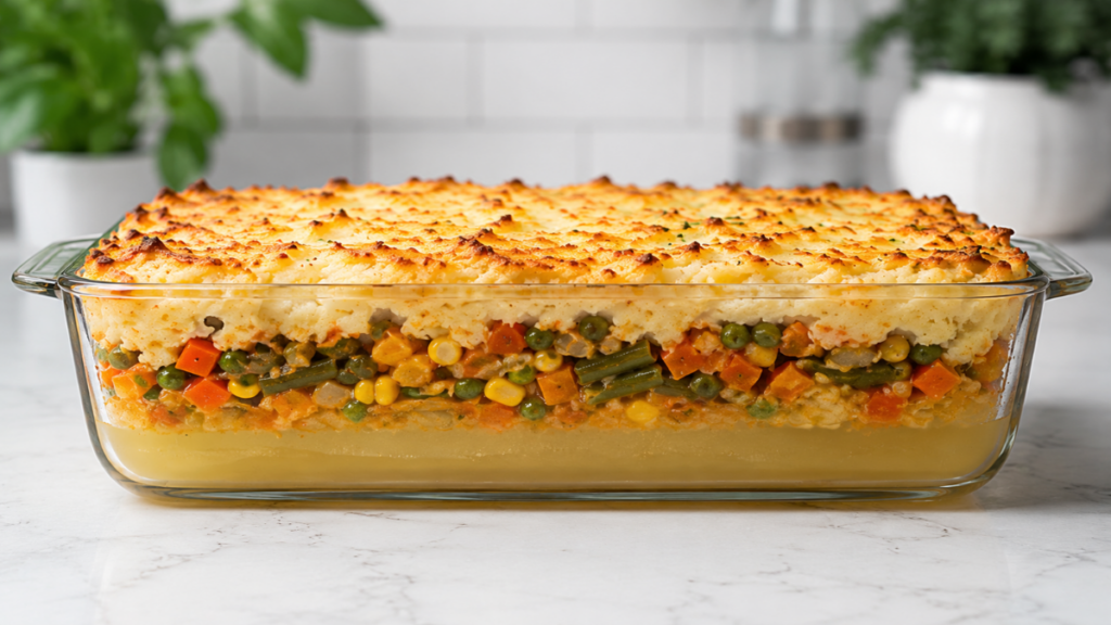 Liquid-separation-in-baking-dish-highlighting-mistakes-to-avoid-when-serving-vegetarian-shepherdโs-pie-recipe.