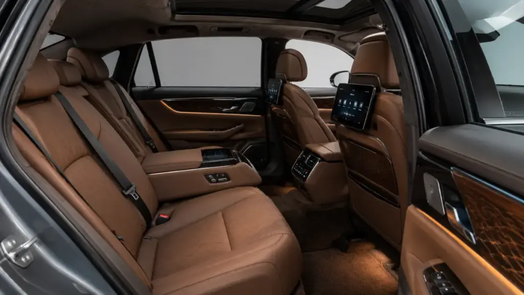 Luxury rear cabin interior view highlighting premium materials found in executive discontinued cars.