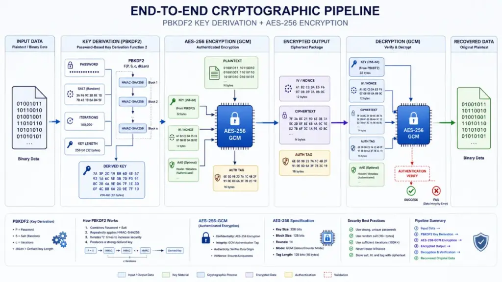 Mathematical encryption workflow powering bitwarden password manager vaults