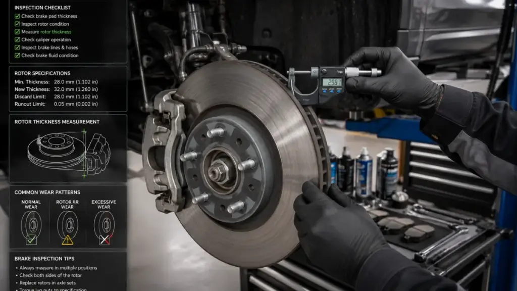 Measuring brake disc thickness during routine Toyota Avalon maintenance.