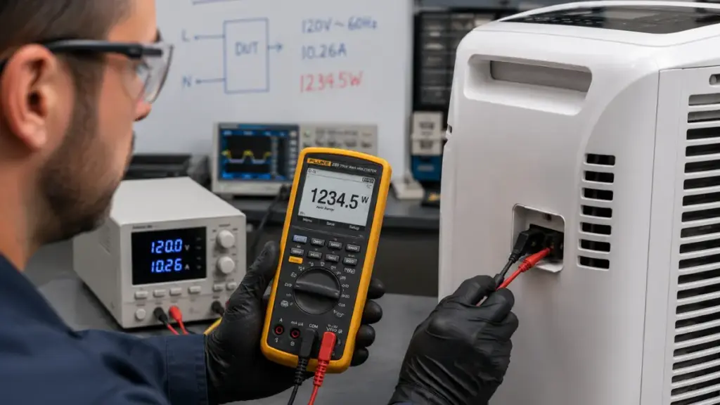 Measuring energy consumption of an AC portable air conditioner.