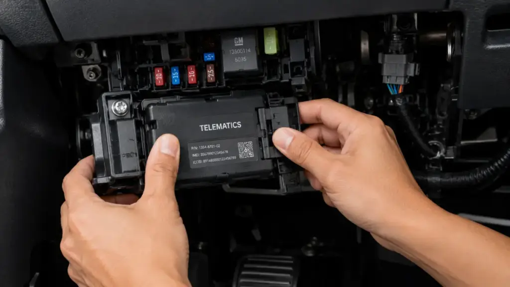 Mechanic disconnecting telematics hardware inside a Chevrolet Silverado cabin