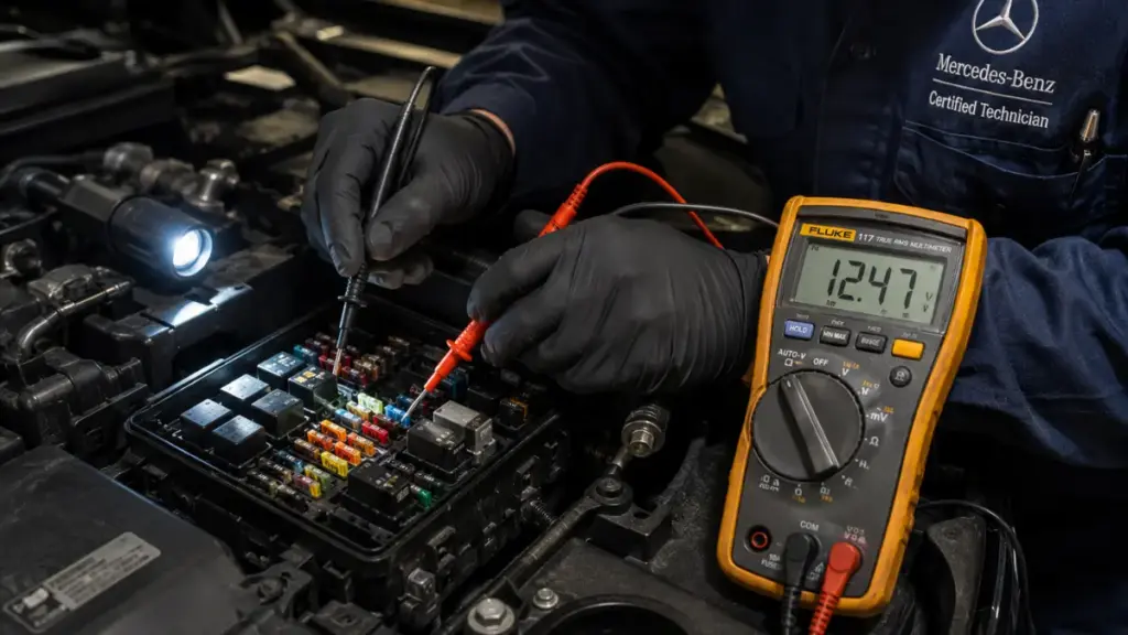 Mechanic testing electrical fuse box voltage on pre-owned models among discontinued cars.