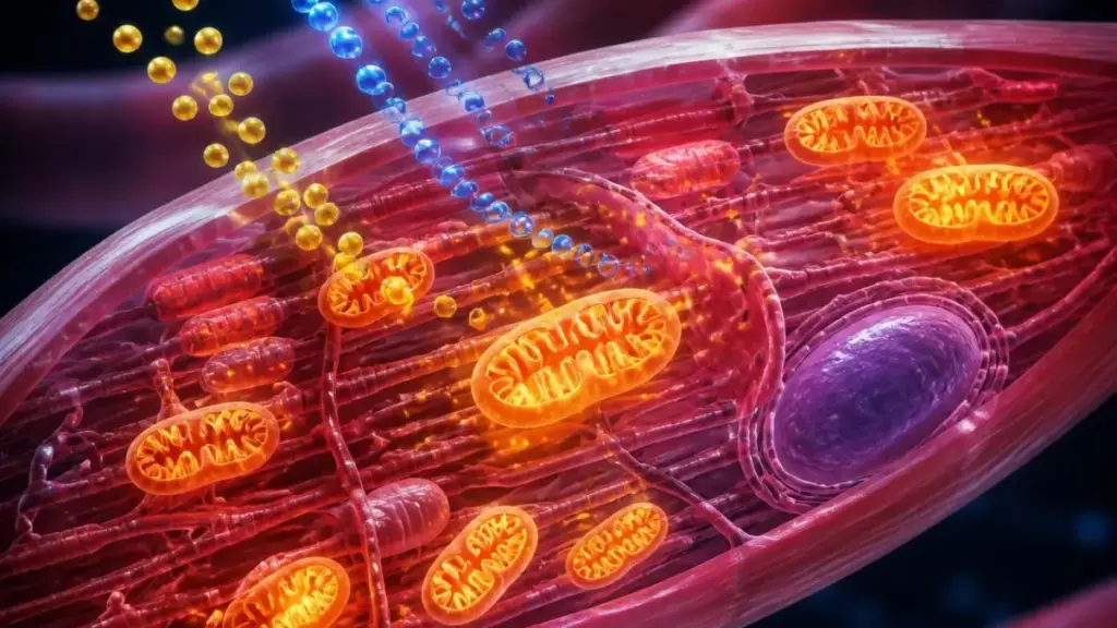 medical illustration of muscle cell mitochondria generating energy aligned with physical activity recommendations.
