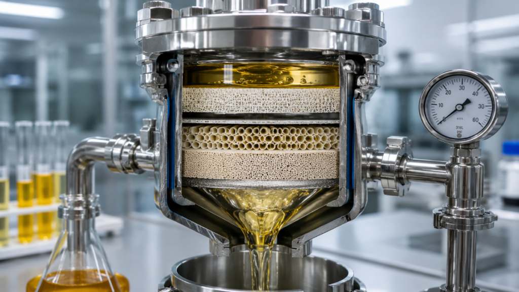 Micro-filtration setup combating lipid peroxidation in home oil extraction.