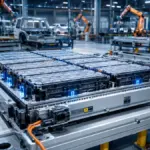 Modern EV battery assembly line featuring modular cells and high voltage cabling in a sterile industrial facility