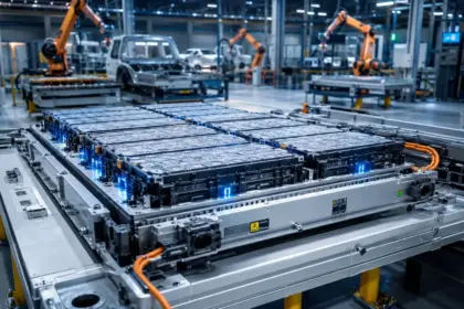 Modern EV battery assembly line featuring modular cells and high voltage cabling in a sterile industrial facility