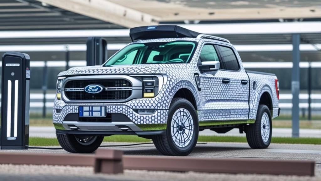Modern Ford small electric truck, successor to the Ford Maverick, charging in an urban environment.