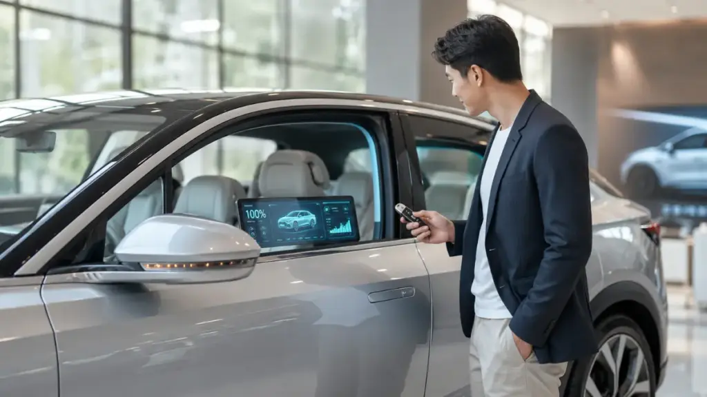 Modern car showroom interior featuring a prospective buyer looking at a new electric vehicle EV battery.