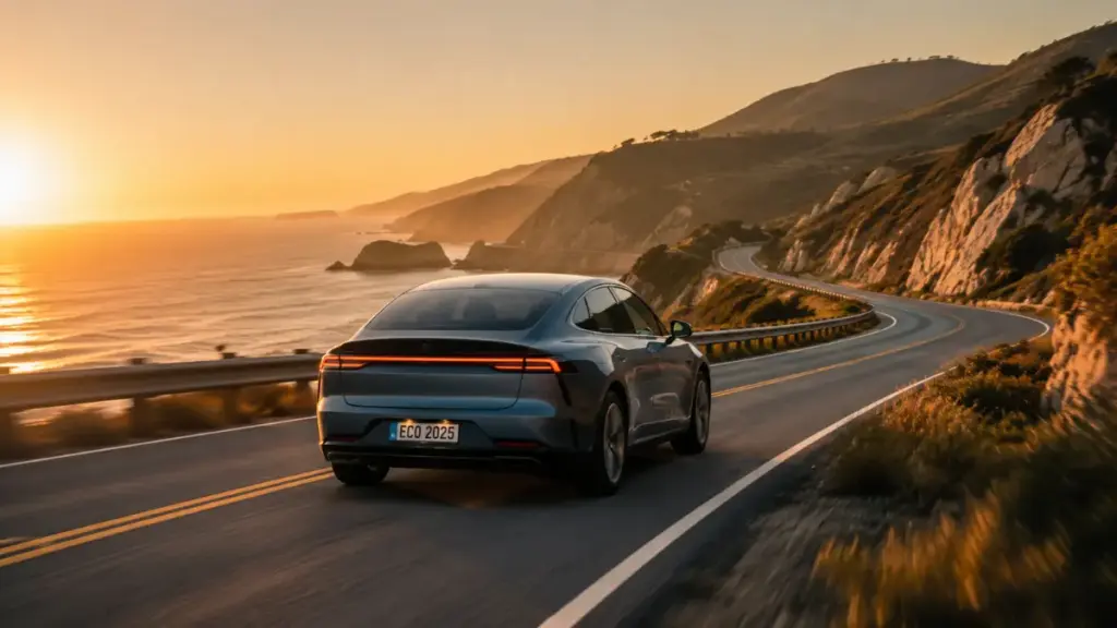 Modern electric vehicle driving on a coastal highway at sunset during a scenic road trip EV battery.