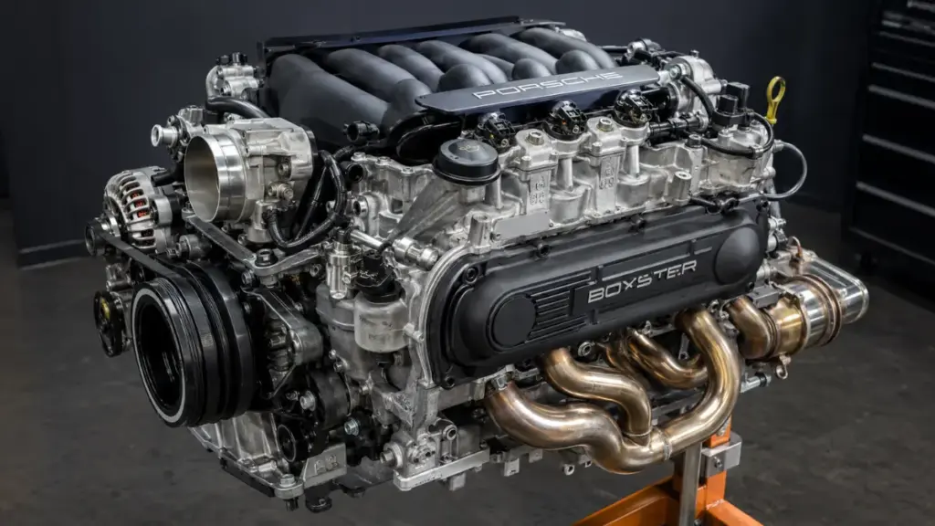 Naturally aspirated flat-six engine assembly from a Porsche Boxster on an engine stand.