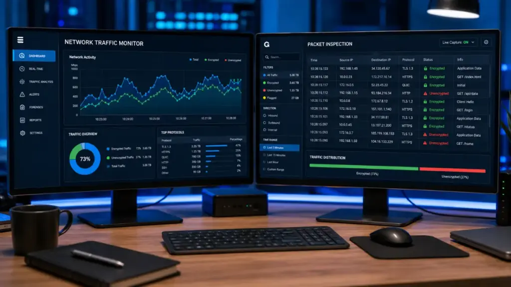  Network monitoring console inspecting website vpn traffic patterns