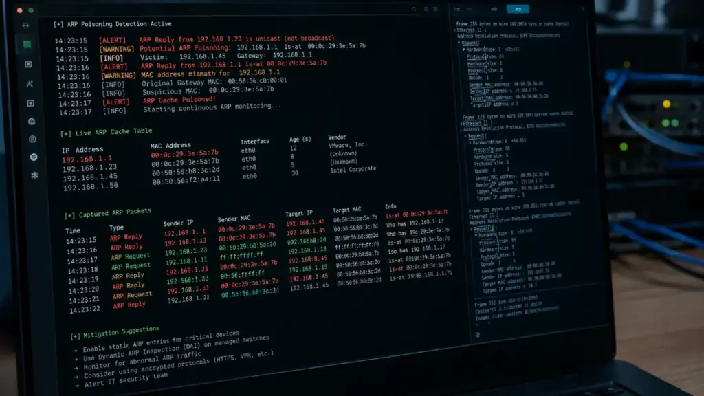 Network terminal logs illustrating Man in the Middle attacks defeated by mobile hotspots