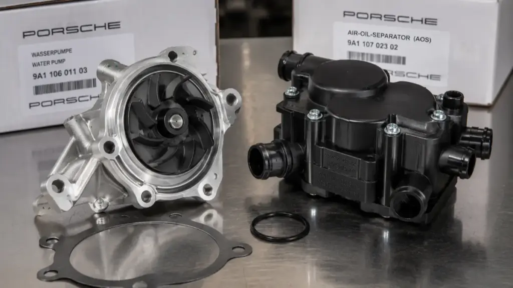 New water pump and Air Oil Separator replacement parts for Porsche Boxster maintenance.