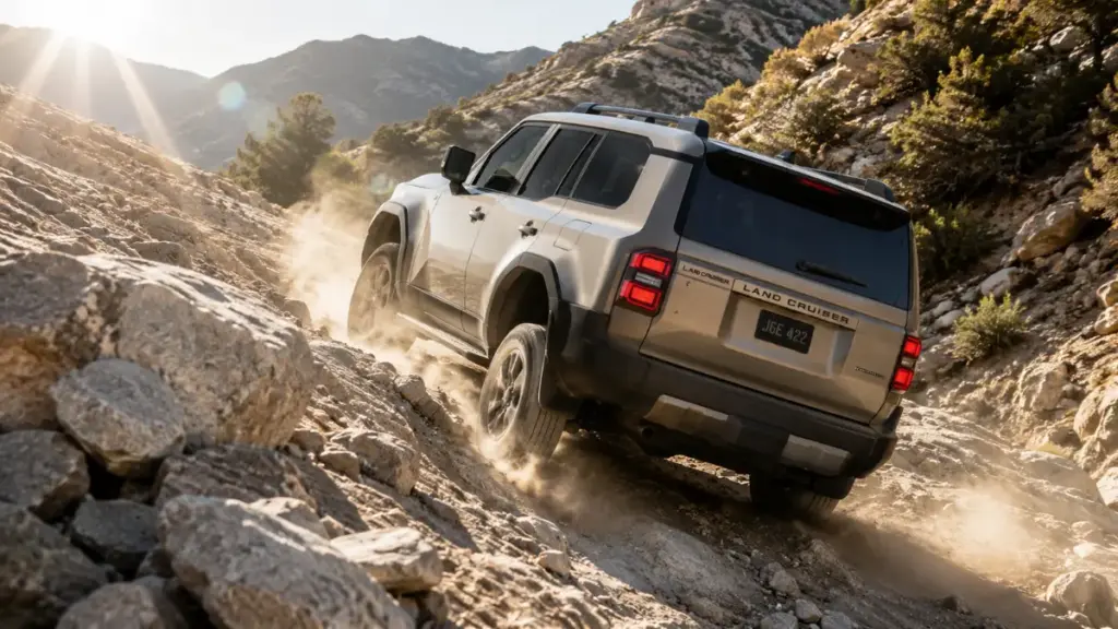 Off-road rock crawling action featuring the updated hybrid Toyota Land Cruiser