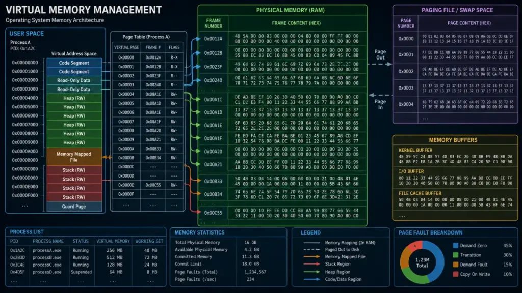 Operating system memory structure displaying decrypted buffers from a password manager.