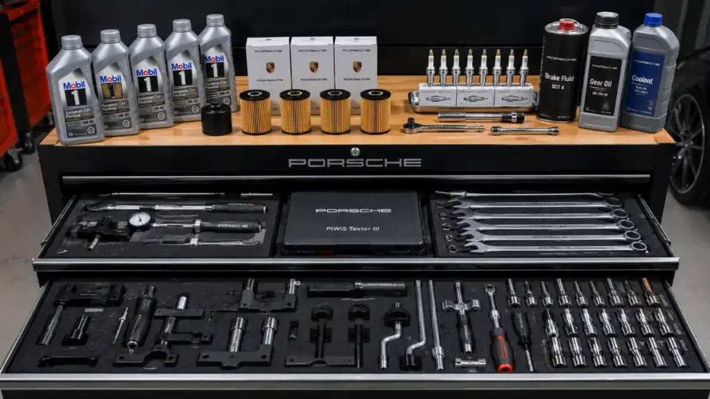Organized workshop tools and genuine fluids for servicing a Porsche Boxster flat six engine.