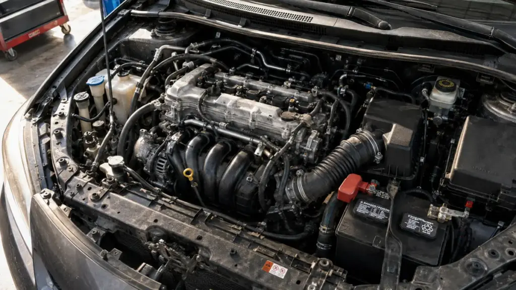 Overhead mechanical detail of a mass-produced four-cylinder engine bay in commuter discontinued cars.