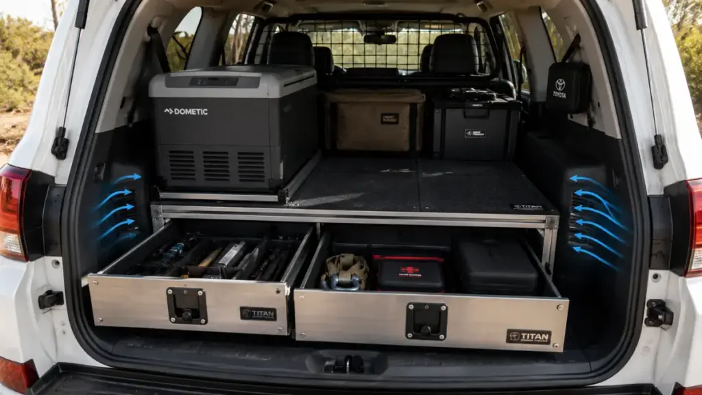 Overland interior storage layout designed for proper battery cooling in the Toyota Land Cruiser