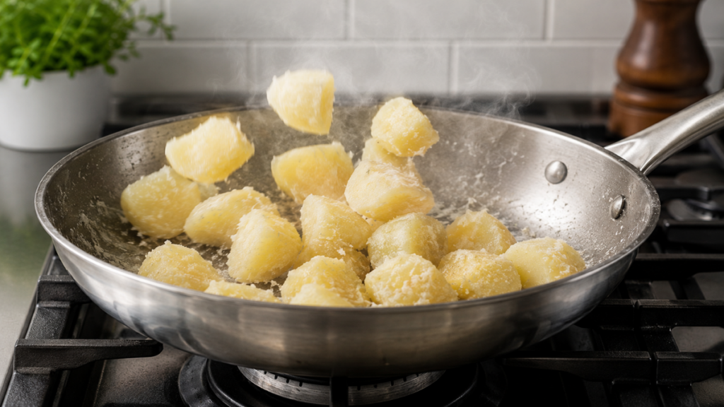 Pan-drying-potatoes-to-eliminate-mistakes-to-avoid-when-serving-vegetarian-shepherdโs-pie-recipe.